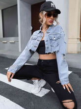 Load image into Gallery viewer, Distressed Raw Hem Cropped Denim Jacket