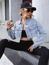 Load image into Gallery viewer, Distressed Raw Hem Cropped Denim Jacket