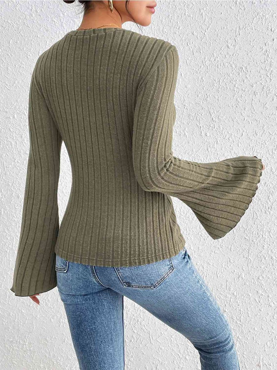 Ribbed Round Neck Flare Sleeve Top – Alycia Mikay Fashion
