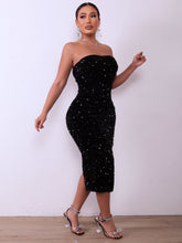 Load image into Gallery viewer, Sequin Strapless Ruched Back Slit Bodycon Dress