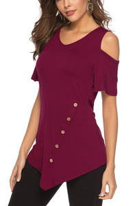 Red Round Neck Cold Shoulder Blouse - Alycia Mikay Fashion 