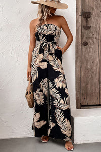 Printed Strapless Wide Leg Jumpsuit with Pockets