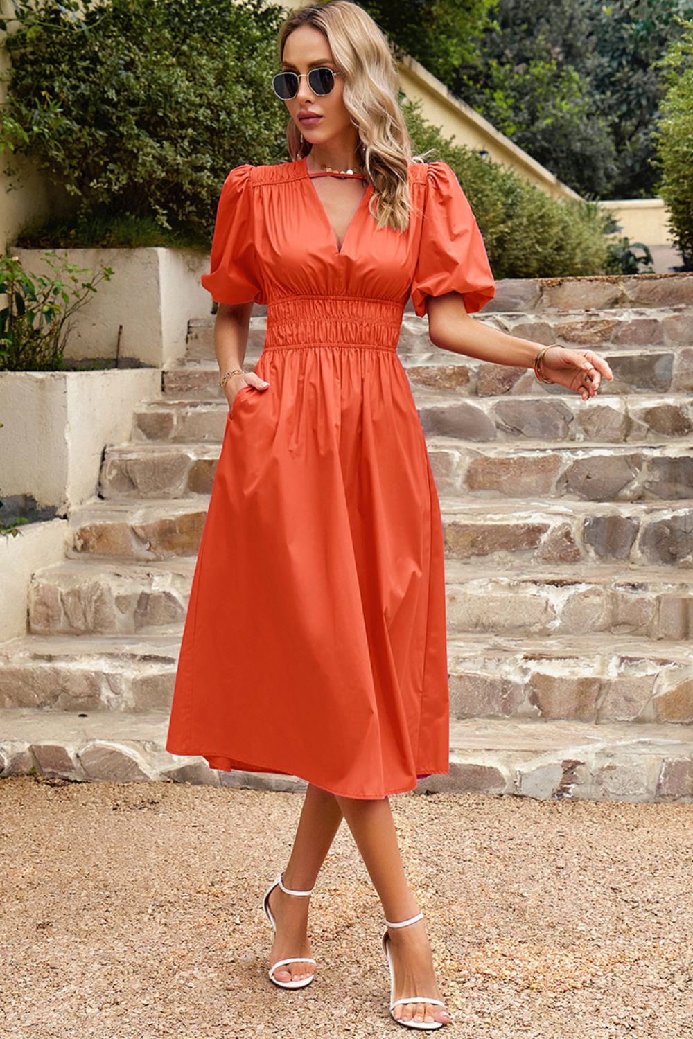 smocked waist midi dress Puff Sleeve Smocked Waist Midi Dress – Alycia Mikay Fashion