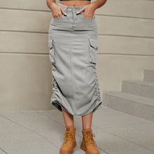 Load image into Gallery viewer, Drawstring Ruched Slit Denim Midi Skirt