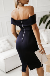 Off-Shoulder Zip-Back Slit Dress – Alycia Mikay Fashion