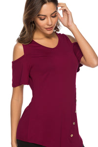 Red Round Neck Cold Shoulder Blouse - Alycia Mikay Fashion 
