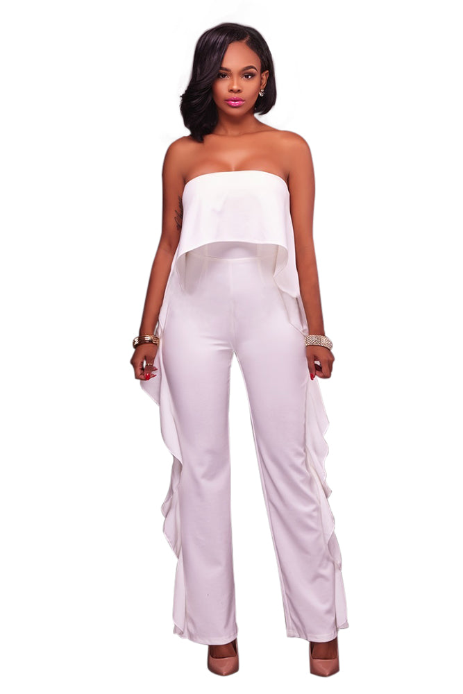 White Delicate Ruffle Trim Strapless Jumpsuit - Alycia Mikay Fashion 
