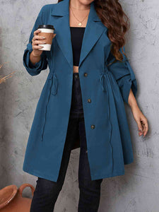 Lapel Collar Drawstring Roll-Tab Sleeve Trench Coat