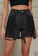 Load image into Gallery viewer, Fringe Trim Distressed Denim Shorts with Pockets