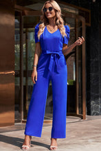 Load image into Gallery viewer, Belted Puff Sleeve V-Neck Jumpsuit
