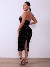 Load image into Gallery viewer, Sequin Strapless Ruched Back Slit Bodycon Dress