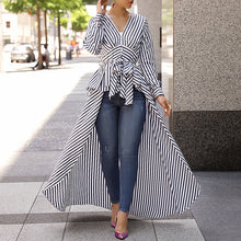 Load image into Gallery viewer, Striped Long Sleeve V-Neck Tie Waist Hi-Low Peplum Top - Alycia Mikay Fashion 