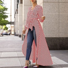 Load image into Gallery viewer, Striped Long Sleeve V-Neck Tie Waist Hi-Low Peplum Top - Alycia Mikay Fashion 