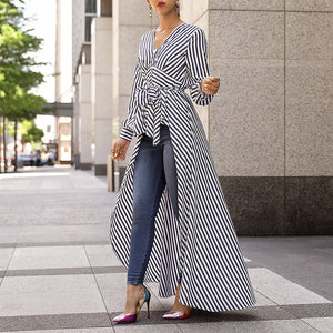 Striped Long Sleeve V-Neck Tie Waist Hi-Low Peplum Top - Alycia Mikay Fashion 