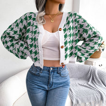 Load image into Gallery viewer, Houndstooth V-Neck Dropped Shoulder Cropped Cardigan