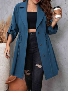 Lapel Collar Drawstring Roll-Tab Sleeve Trench Coat