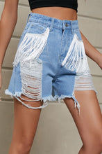 Load image into Gallery viewer, Fringe Trim Distressed Denim Shorts with Pockets
