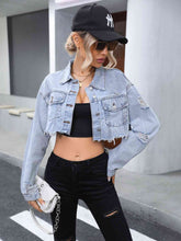Load image into Gallery viewer, Distressed Raw Hem Cropped Denim Jacket