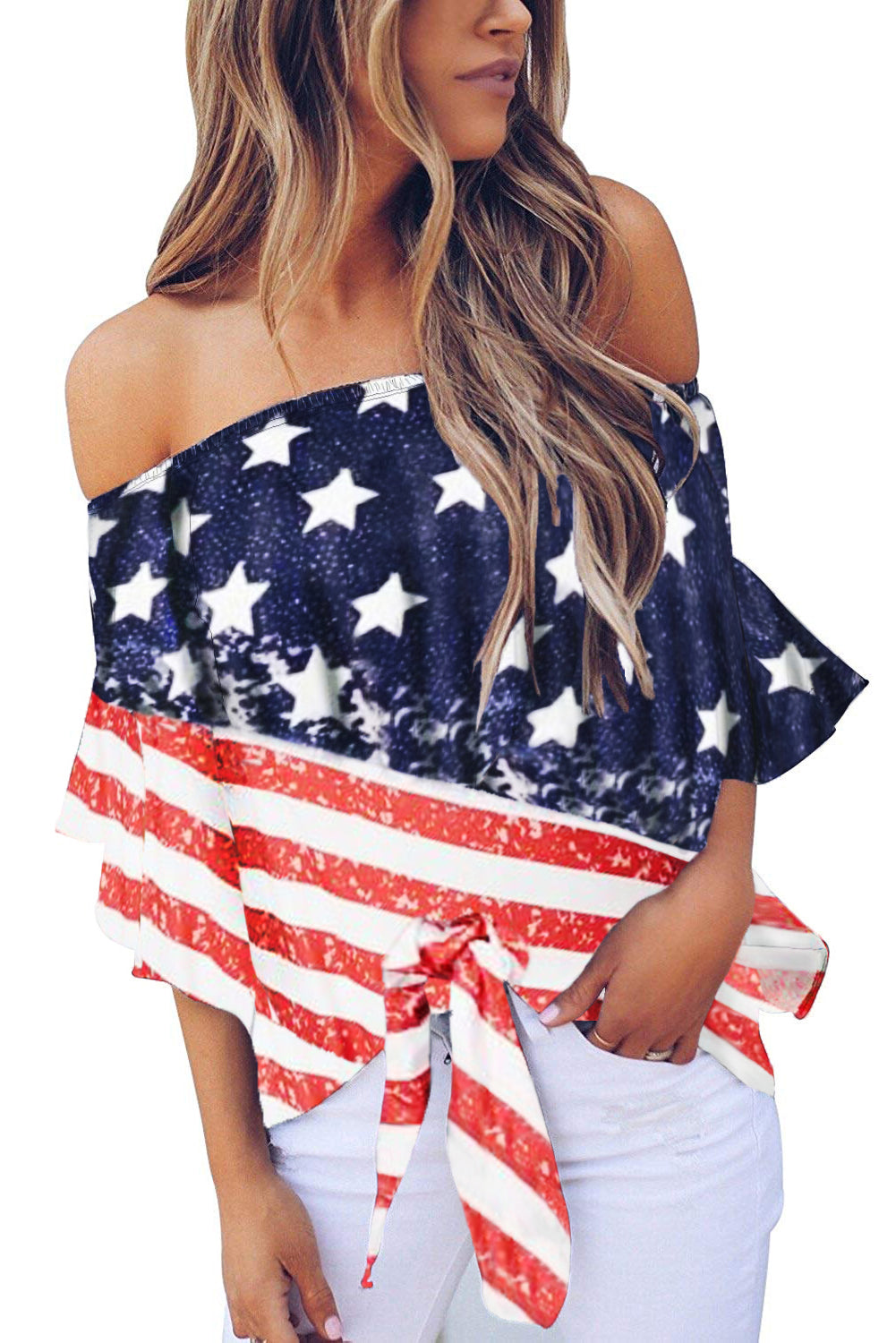 Stars and Stripes Print Off The Shoulder Blouse - Alycia Mikay Fashion 
